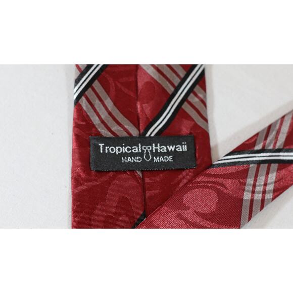 Tropical Hawaii Mens Neck Tie Sangria Red Plaid And Palm Trees - Picture 5 of 8
